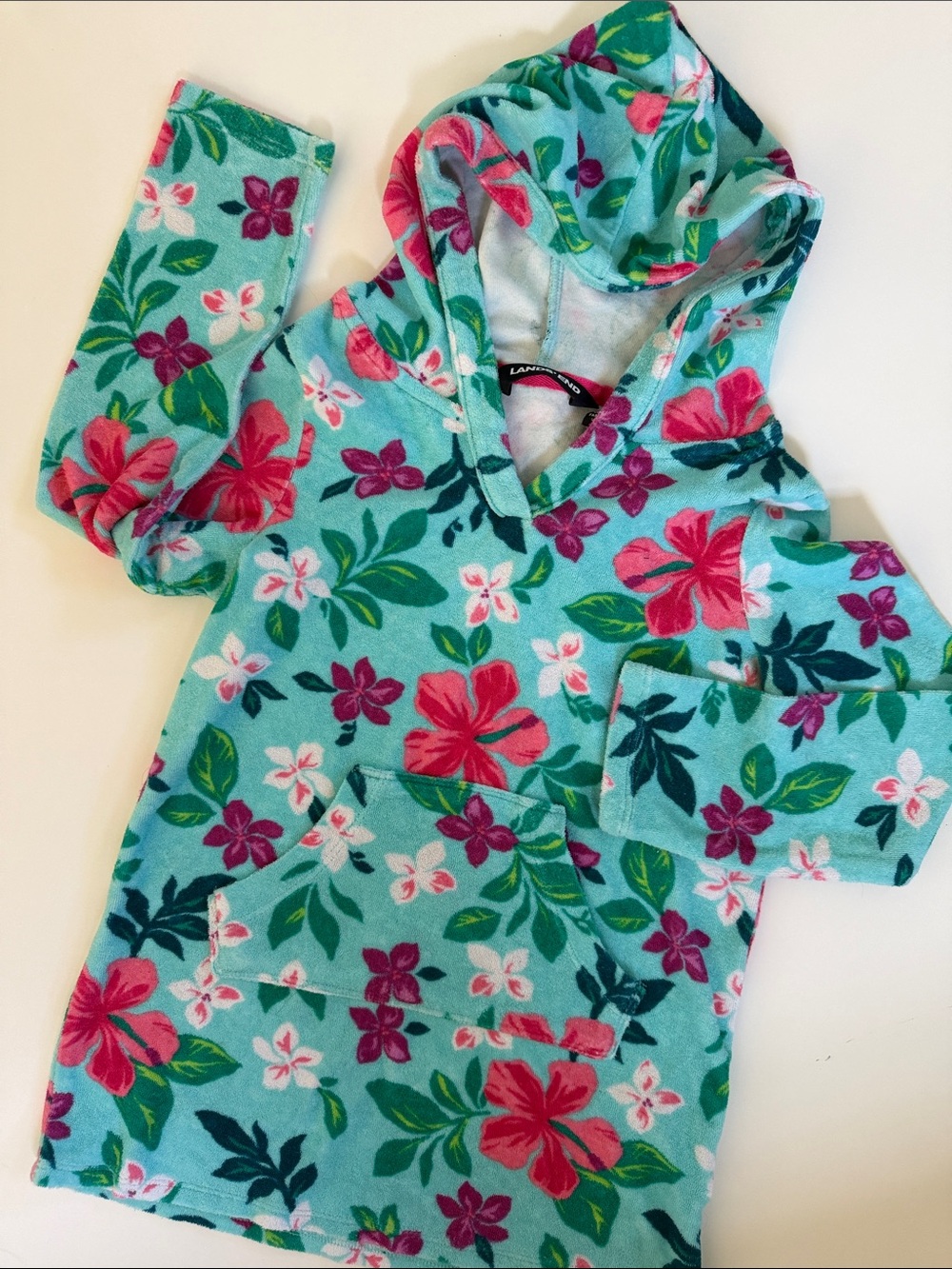 Lands End Girls Floral Towel Hoodie Swim Cover Up XS 4/5